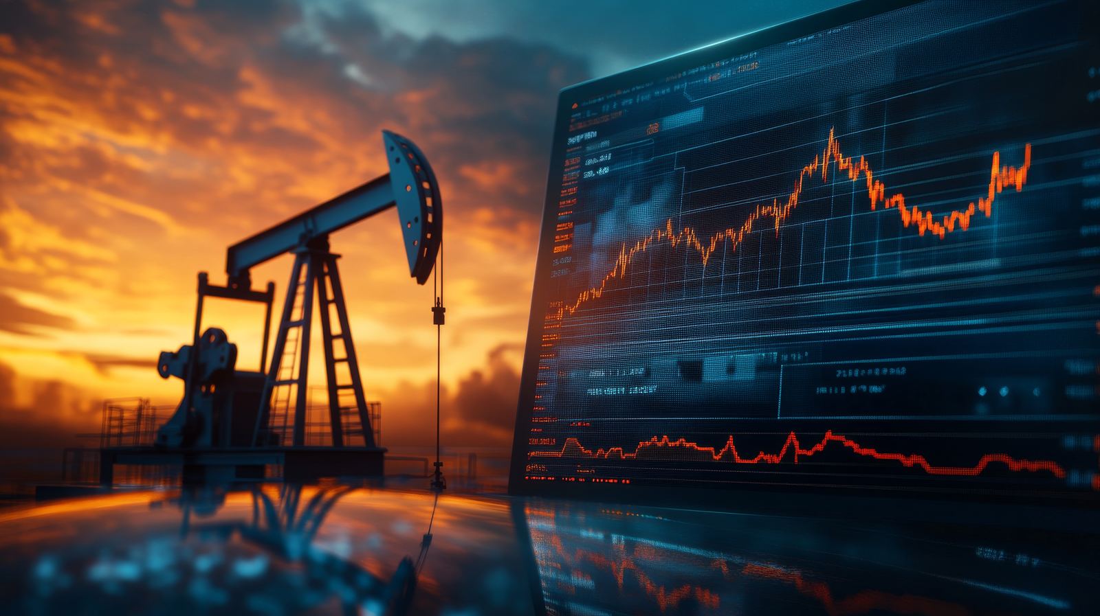 Oil pump jack at sunset beside a data display